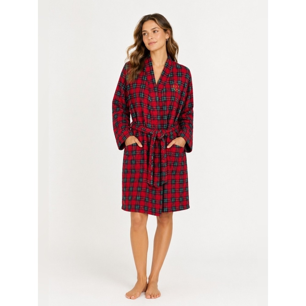 Lauren Ralph Lauren Robe Womens L Red Plaid Excellent Fleece Monogram Shawl Wrap